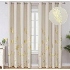 Estelar Textiler  Cream with Gold Leaf Thermal Room Darkening Curtains 52x84